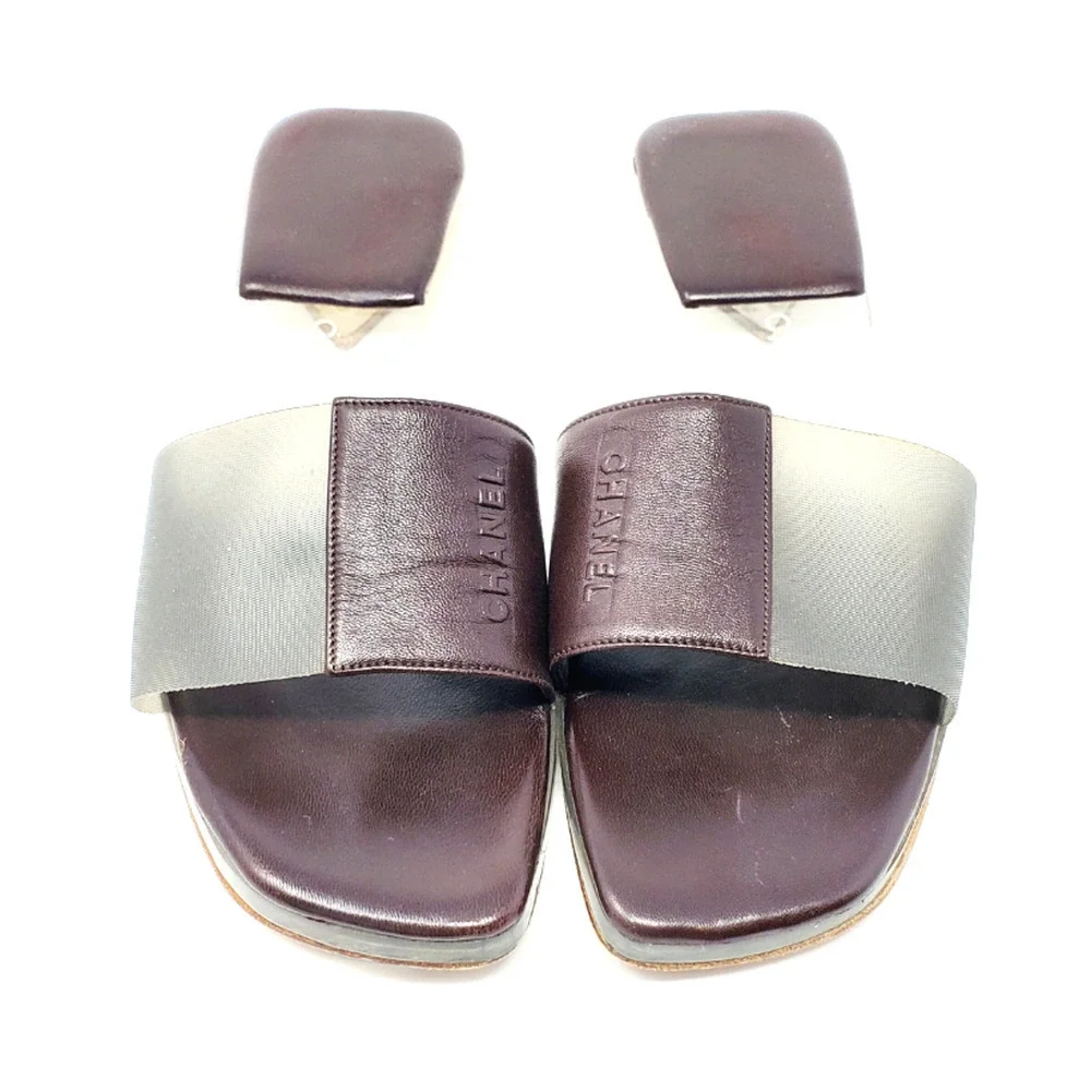 Chanel Sandals Brown Leather Flat Slides LOGO Clear Block PVC Mules EU 36.5